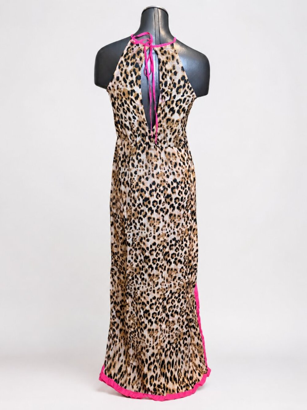 Zingara Leopard Print Halter Maxi Dress Cover-Up Pink Trim OS One Size Fits All - Picture 2 of 9